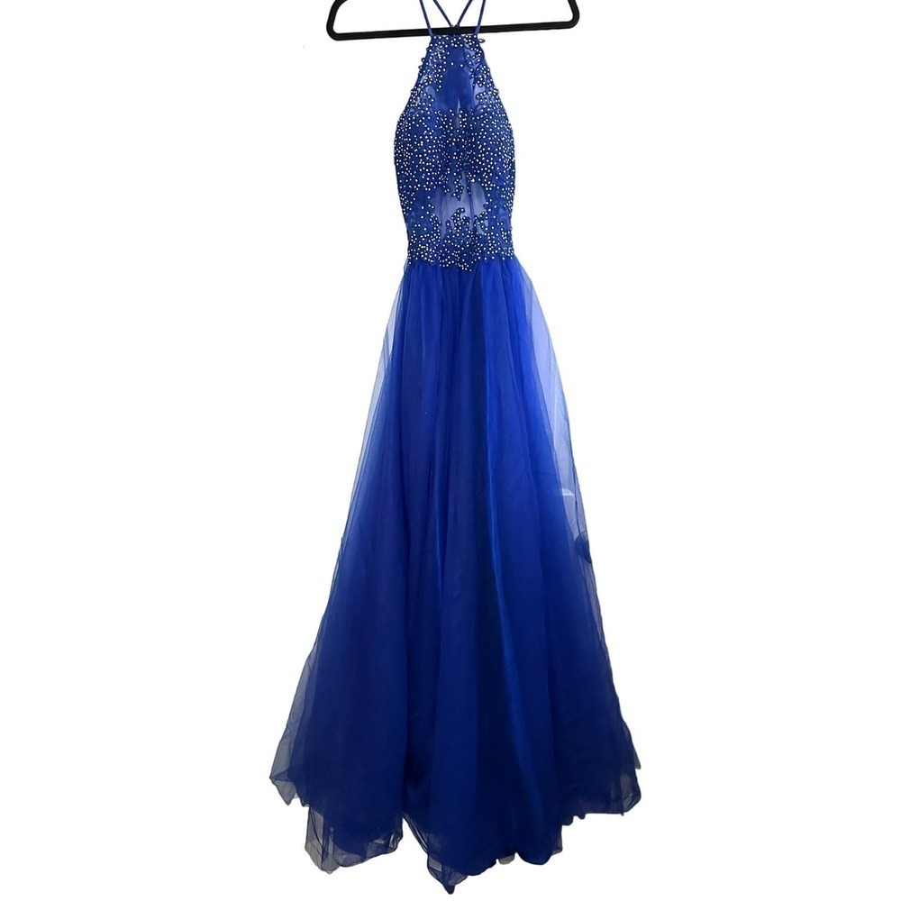 Blondie Nites by Stacy Sklar Cobalt Blue Full Length Halter Gown - Sz 3